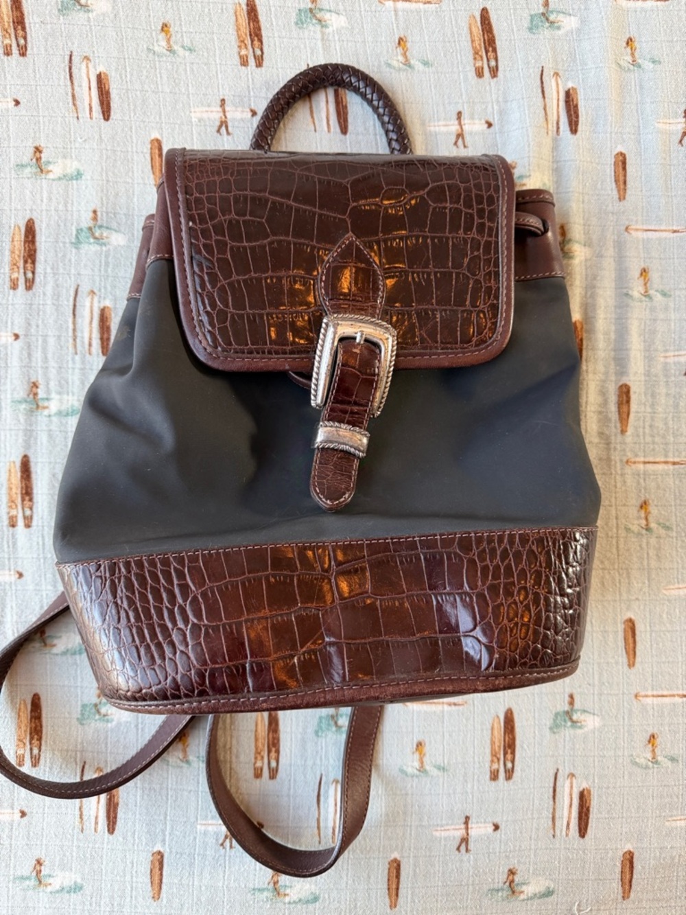 Brighton Brown Croc-Trim Nylon Backpack